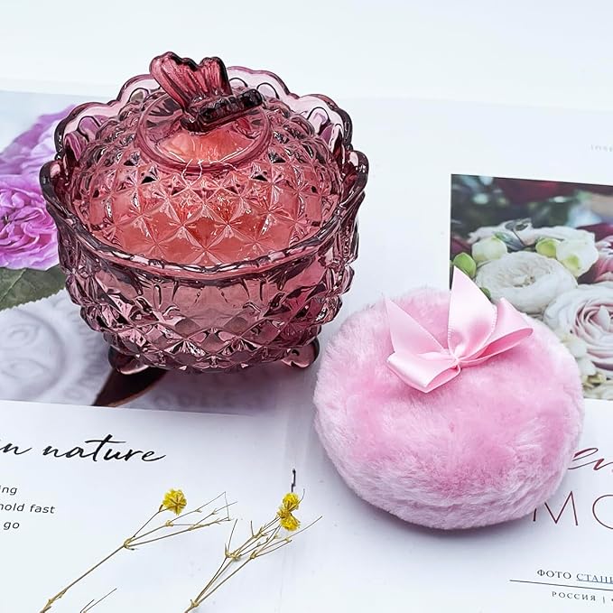 Luxury 4 Inch Glass Powder Container with 2 Soft 3.5" Puffs｜Non-Sealed Refillable Organizer for Body Powder,Makeup & Jewelry｜Setting Powder Applicator w/Loose Powder Storage(Butterfly-Purplish Red)