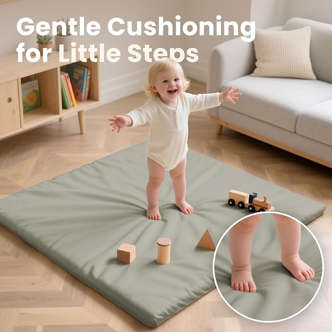 Huloo Sleep Baby Play Mat 47x47 Inches, 1.3" Thick Padded Waterproof Floor Cushion & Playpen Mat with Vegan Leather, Non-Slip & Non-Toxic Nursery Rug for Infants, Toddlers & Kids(Grey)