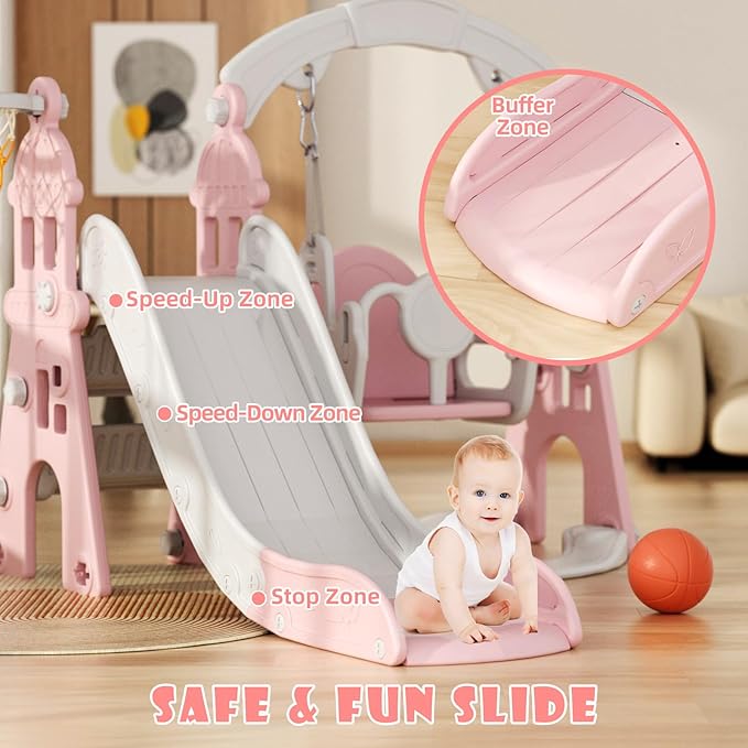 XJD 4-in-1 Toddler Slide and Swing Set, Kids Slide for Toddlers Age 1+, Toddler Outdoor Playset with Basketball Hoop, Swing, Outdoor Indoor Playground for Toddlers 1-3 (Pink)