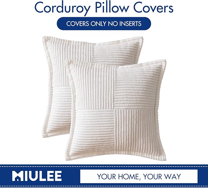 MIULEE Decorative Throw Pillow Covers for Couch 18x18 Inch White 2 Pack | Boho Broadside Striped Patchwork Pillow Covers, Soft Corduroy Cushion Cases, For Sofa Bed Livingroom Home Decor