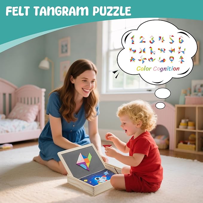 Wooden Sensory Sequin Box |Calm Down Corner Kit with Sensory Sequin Flip Mats,Space-Themed Felt Puzzle & Felt Tangram | Calming Corner Items for Kids -Sensory Room Must Haves
