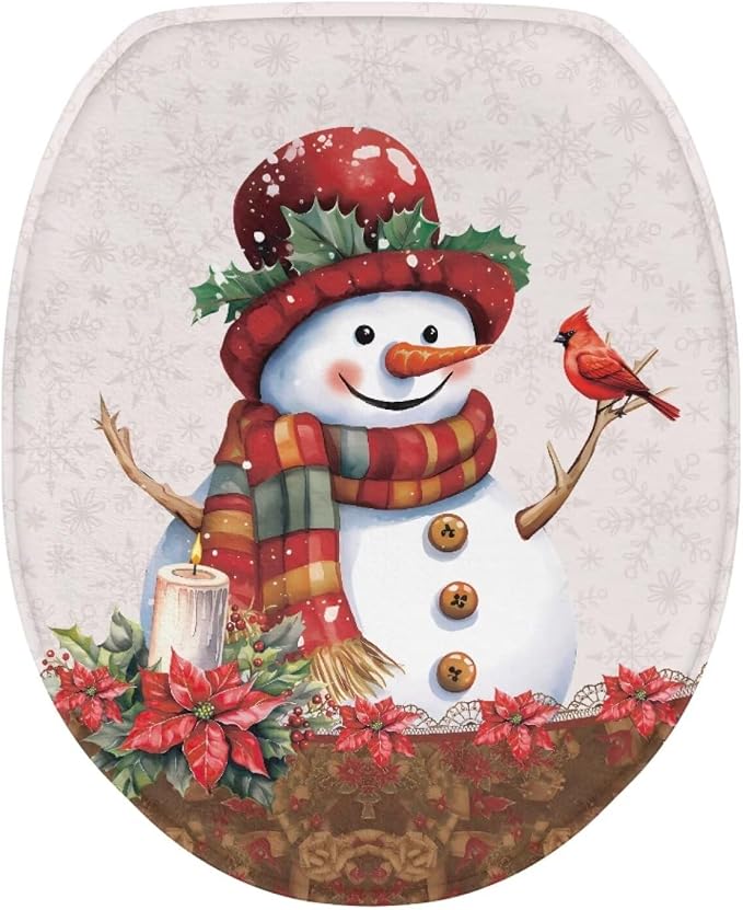 Christmas Toilet Seat Lid Cover Elongated Christmas Decorations Indoor Poinsettia Toilet Seat Cushion Cover with Elastic Band Replacement for Bathroom Decor Machine Washable