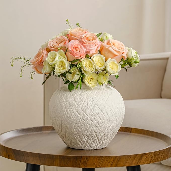 7.5in Round Ceramic Flower Vase, Modern Decorative Textured Vase Home Decor | Unique Rustic Farmhouse Terracotta Vases for Bedroom Living Room Table Centerpieces Shelf Cabinet Wedding Decorations