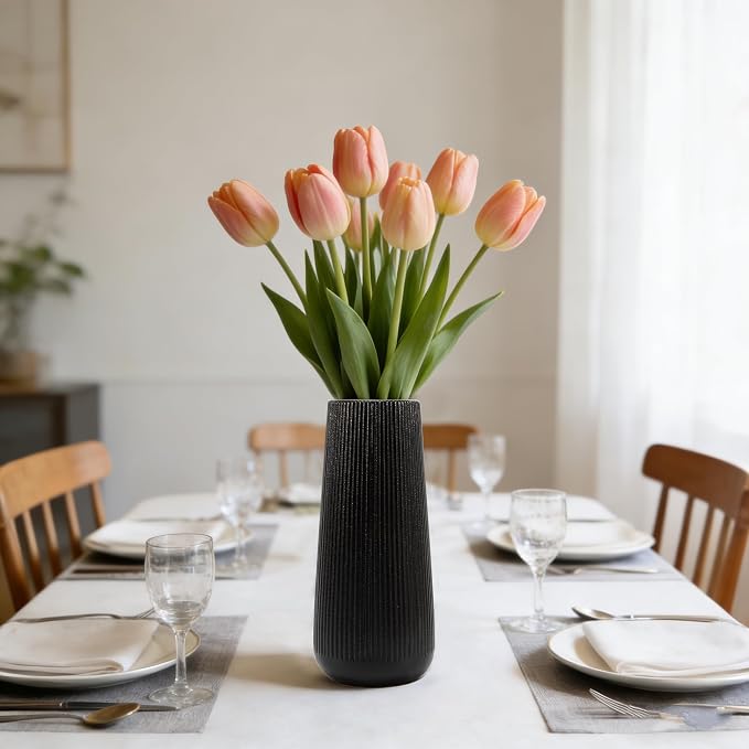 7.8''H Ceramic Vase, Pampas Grass Vase, Ribbed Modern Decor, Matte Black | Nordic Minimalist Flower Vase, Black Home Office Decor Vases, For Living Room, Dining Table, Bedroom, Kitchen Shelf