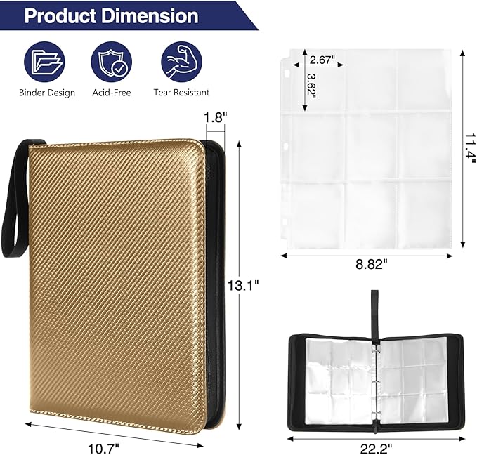 MAXECHO 9 Pocket Trading Card Binder, 1008 Pockets in 56 Removable Double-Sided Sleeves, PU Zip Card Collection Storage Organizer Album for Baseball, MTG, TCG, Sports. Gold