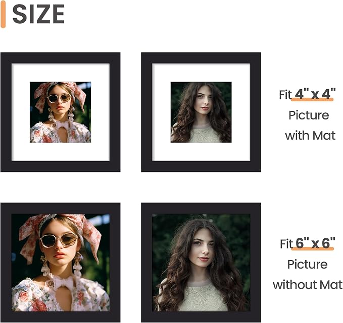 upsimples 6x6 Picture Frame, Display Pictures 4x4 with Mat or 6 x 6 Without, Wall Hanging Square Frames, Black, 1 Pack