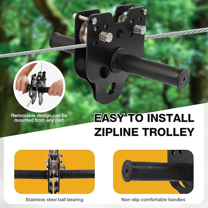 FAHKNS 250FT Zip Line Kit for Kids Adults: Up to 400LBS Quick Tighten Zipline for Backyard with Rust Proof Removable Trolley,Spring Brake,Height Adjustable Seat,Outdoor Kids Play Equipment