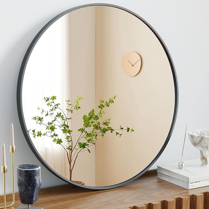 Sweetcrispy Round Bathroom Mirror for Over Sink, 28 Inch Wall Mounted Vanity Mirror with Matte Metal Frame, Decor for Bathroom, Entryway, Bedroom, Black
