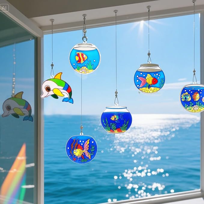 Ayhuhra 30 Sets Fishbowl Suncatcher Craft Kits Make Your Own Sea Animal Fish Tank Scene DIY Window Paint Art Sun Catcher Kit for Home Classroom Party Activities Art Project