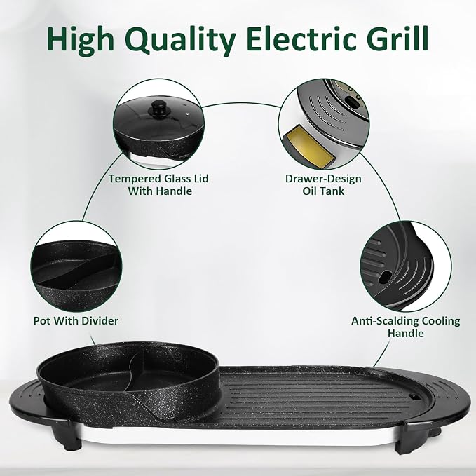 Hot Pot Electric with Grill, 2 in 1 Smokeless Non-Stick Shabu Shabu Pot | Korean BBQ Grill, Independent Dual Temperature Control, 2200W Fast Heating, for Family Gatherings or Friends' Parties