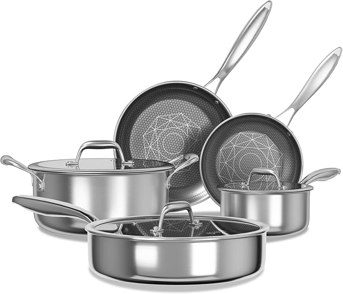 COOKER KING Hybrid Stainless Steel Cookware Set, 8pcs Pots and Pans Set | Hybrid, Non Stick, Non Toxic, PFOA Free, Induction Compatible, Oven and Dishwasher Safe, Stay-Cool Handles