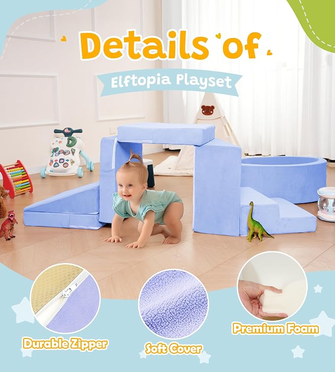 Elftopia Foam Climbing Blocks with Ball Pit & Stairs for Toddlers Aged 1-3 -Soft Playset for Indoor Crawling, Foam Playground Set for Baby to Active Playing Inside -(Balls NOT Included),Light Blue