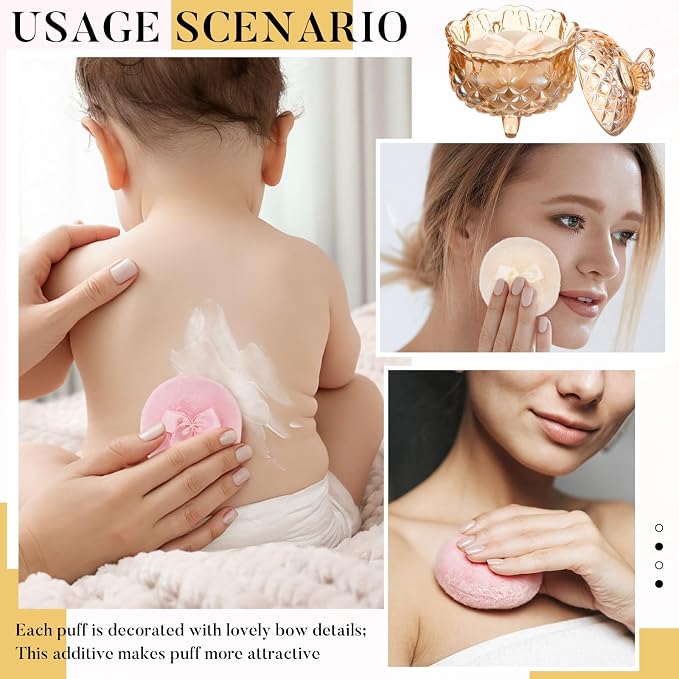Tioncy 3 Pcs Large Body Powder Puff and Container Valentine's Day gift Powder Container with Puff Crystal Case Soft Washable Reusable Velour Face Body Glitter Wet Dry Makeup(Butterfly,Amber)