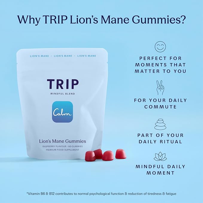TRIP Lion’s Mane Gummies with 2000mg Lion’s Mane Mushrooms Extract Per Serving, Vegan, Naturally Flavored On the Go Chewable Gummy, Delicious Raspberry Flavor, 1 Bag, 60 Count