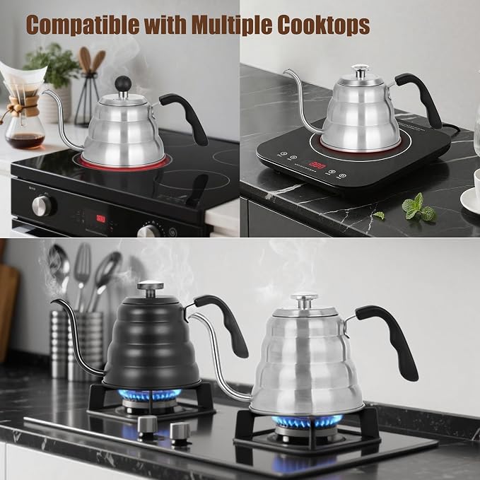 Pour Over Kettle for Manual Drip Coffee and Tea with Thermometer 28oz Gooseneck Kettle with Flow Control Stainless Steel Water Kettle for Stovetop,800ml,4 Cup,Silver,1Pack