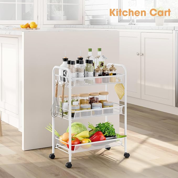 TOOLF 3 Tier Rolling Cart, Metal Utility Storage Cart with Wheels, White | 3 Hooks, Screwless Assembly, Trolley Organizer for Bathroom, Kitchen, Office, Nursery, Dorm, Laundry Room