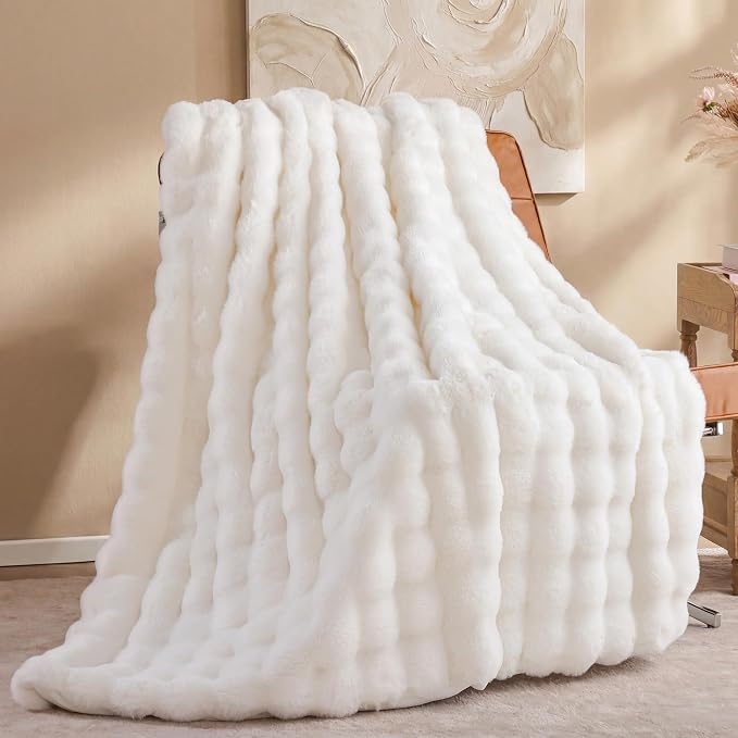 Faux Rabbit Fur Throw for Couch - Cream White Bubble Blanket 60"x80" | Fluffy Plush Fuzzy Throw for Sofa & Bed, Super Soft Cozy Comfrt Blanket, Luxury Aesthetic White Decor Gift for Women