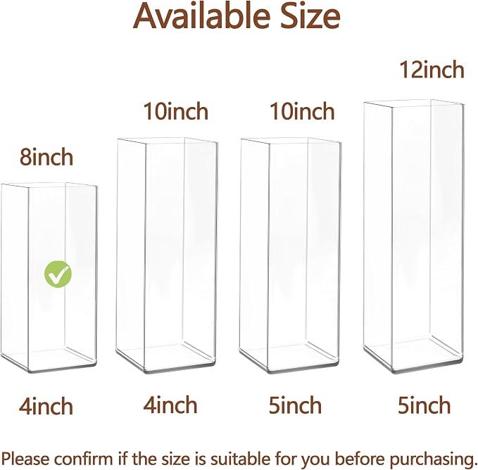 Acrylic Square Flower Vase, Non-breakable Vase, 4" x 4" x 8" Tall Clear Vases for Flower, Large Cube Floral Plant Container, Planter Terrarium for Wedding Party Event, Home Office Decor