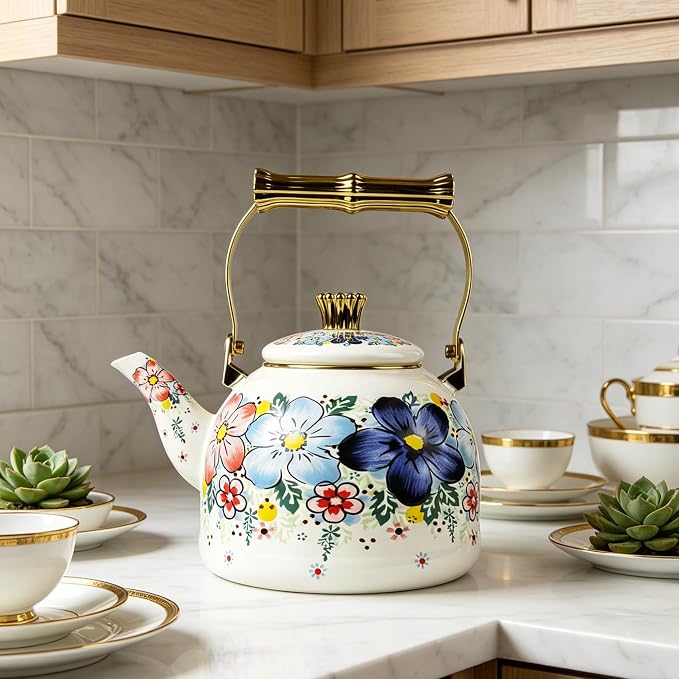 Floral Enamel Tea Kettle Bohemian Blue Flowers Stovetop Teapot 2.5L Coffee Hot Water Kettles with Gold Handle Vintage Kitchen Decor Christmas Gift