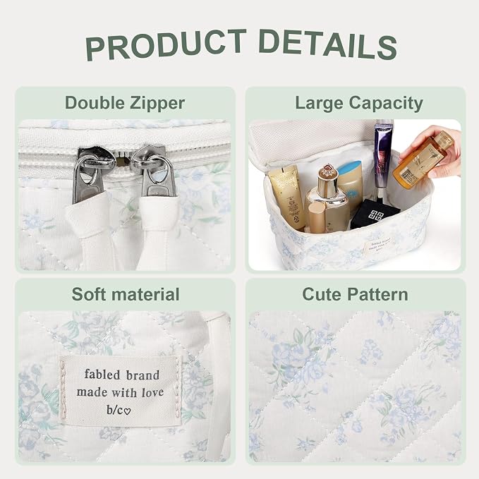 GISMTR 3Pcs Cotton Quilted Makeup Bag Large Travel Cosmetic Bag Coquette Makeup Pouch Cute Aesthetic Floral Toiletry Bag for Women Girls (flower-T)