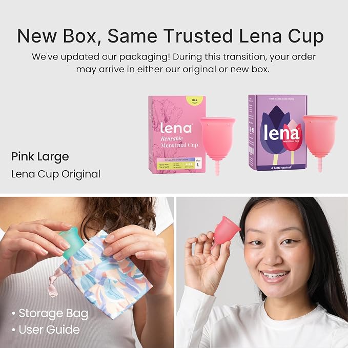 Lena Menstrual Cup Original - Soft Medical-Grade Silicone Period Cups for Women Heavy Flow, Reusable and Comfortable 12-Hour Leak-Free Protection, Beginner-Friendly Feminine Care - Large, Pink