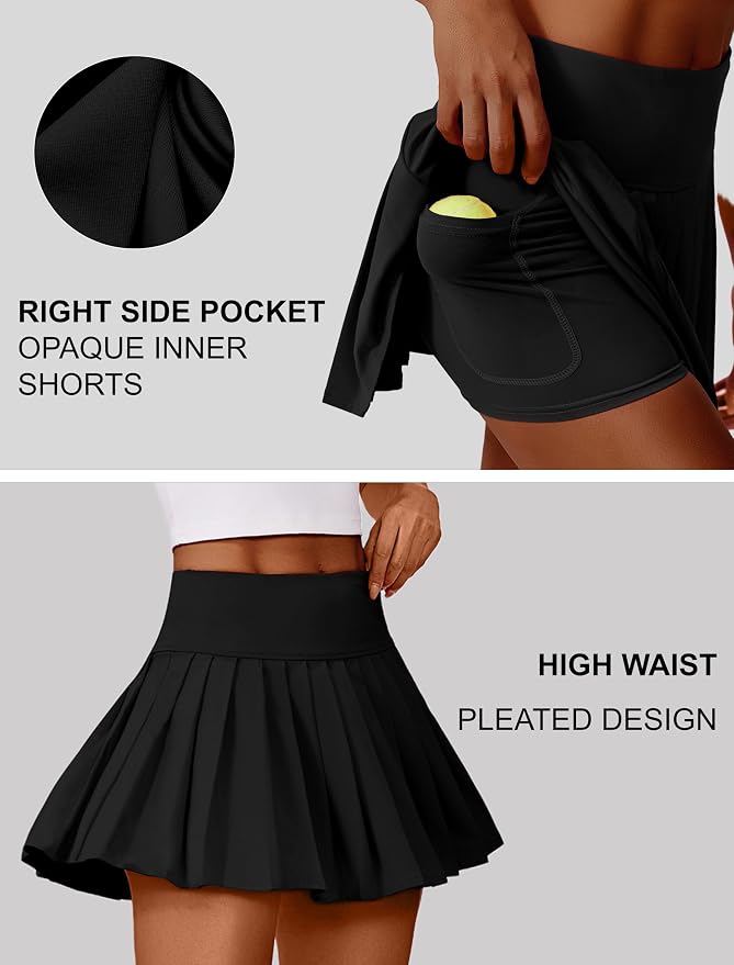 PINSPARK Pleated Tennis Skirts Mini Athletic Golf Skorts with Pocket | 14", High Waist, Lightweight, Quick Dry, Stretchy, Inner Shorts, Sun Protection, Pickleball, Casual, for Women