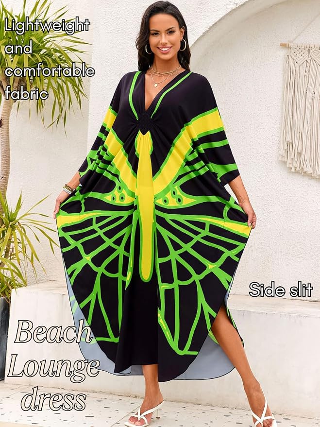 ChiaoLezhee Print Moo-Moos for Women, Kaftan Cover-Up Dresses, Sexy V-Neck High-Slit, Beach Pool-Party Coverups Muumuu Plus