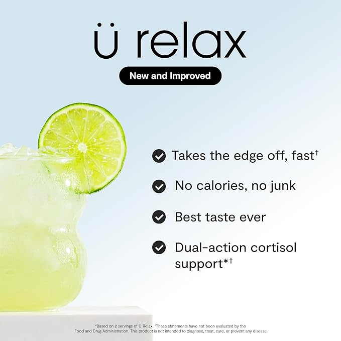 Ü Relax 2.0 Powder Drink Mix, Lemon Lime, Ashwagandha & L-Theanine, Adaptogens, Cortisol, Sleep Aid, Ready-to-Mix, Sugar Free, Zero Calorie, 20 Stick Packs