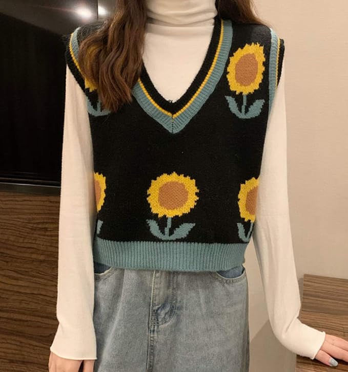 Women's Sweater Vest,Y2K Sleeveless Pattern Preppy Style Knitted Crop Tank Top for Girl