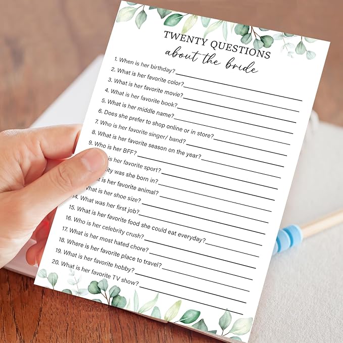 Twenty Questions About The Bride Game -Wedding Shower Games, Bridal Shower Games 30 Guests for Engagement Wedding Party(Eucalyptus Botanical Style) -0009