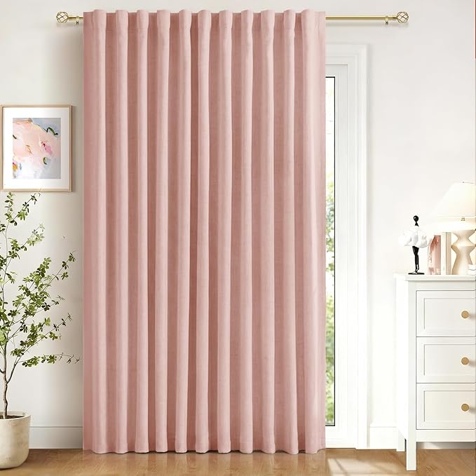 100% Blackout Shield Linen Blackout Sliding Door Curtains for Living Room, Back Tab/Rod Pocket Thermal Insulated Curtains for Sliding Glass Doors, 1 Panel Set, 100" W x 108" L, Blush Pink