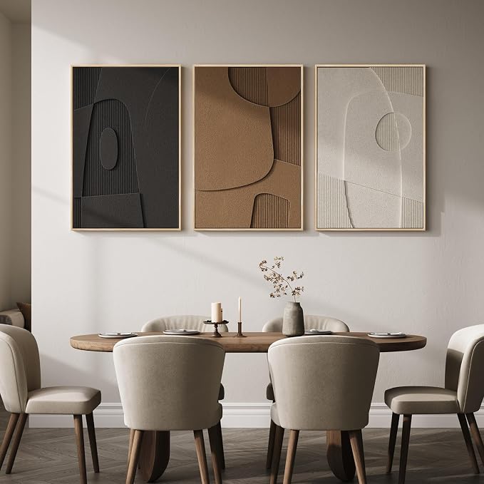 Large 3D Textured Framed Neutral Abstract Wall Art for Living Room, 3 Piece | Solid wood frames, sculptural curved detail, black white brown tones, big size 24x36 in, modern wall decor for bedroom office