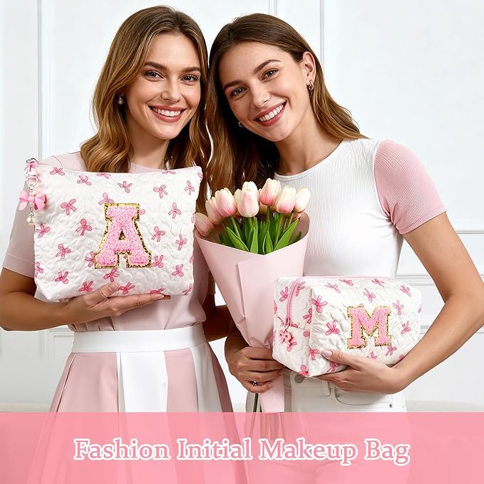 Initial Makeup Bag, Valentines Day Gifts for Women Teens Girls Birthday Gift Personalized Bow Cosmetic Bag, Quilted Cosmetic Travel Toiletry Pouch, Cute Makeup Organizer Teen Girl Gifts Trendy Stuff M