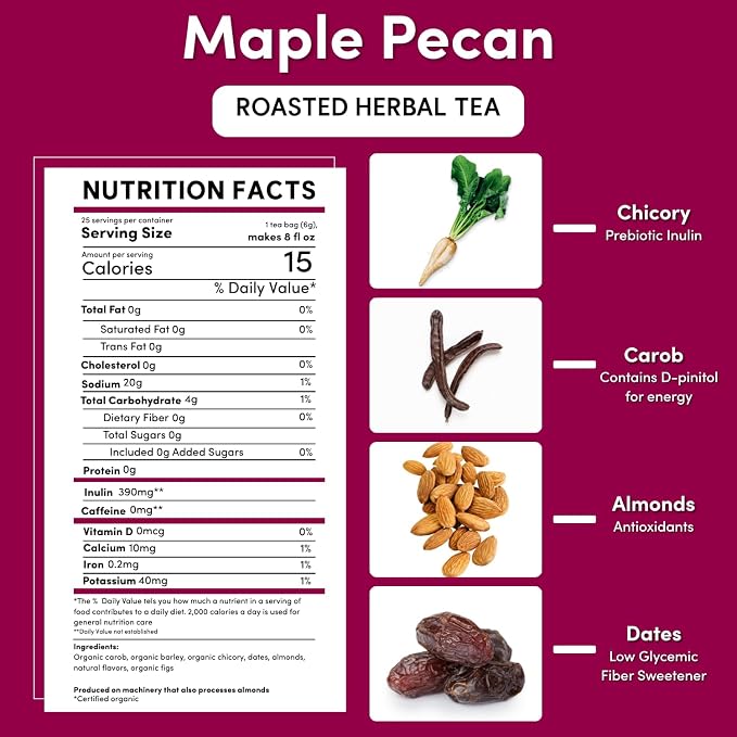 Teeccino Maple Pecan Herbal Tea - Rich & Roasted Herbal Tea That’s Caffeine Free & Prebiotic for Natural Energy, Coffee Alternative, 25 Count