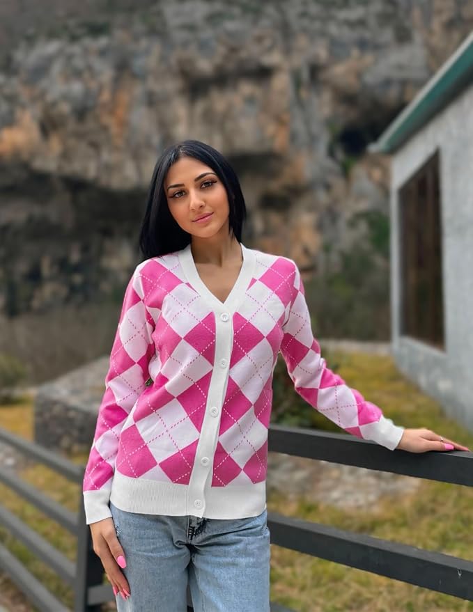 GRACE KARIN Womens Cardigan Sweater Fall Fashion Argyle Sweater Button Up Cardigan Teacher Outfits Preppy Clothes
