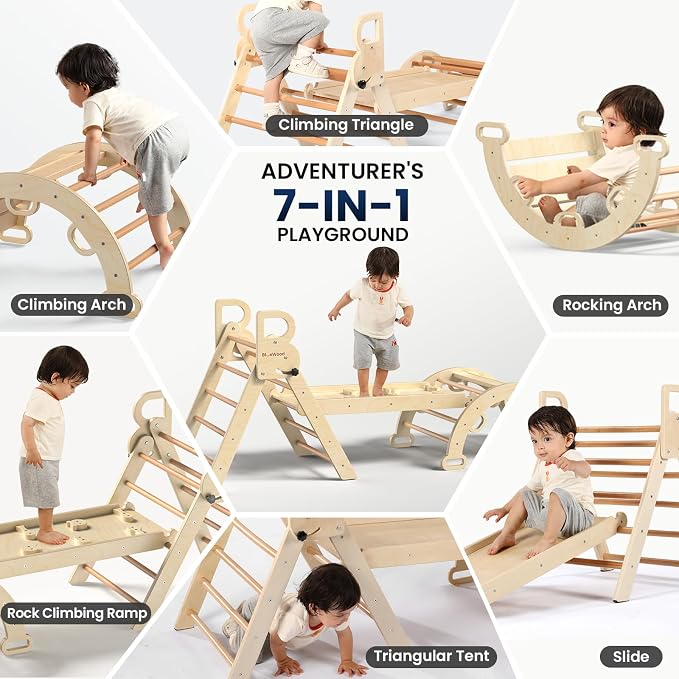 BlueWood Pikler Triangle Set with Safe Handle, Foldable 7-in-1 Montessori Toddler Climbing Toys Indoor, Wooden Pickler Climbing Set, Baby Jungle Gym & Playground, Climbing Toys for 1-3 Year, Natural