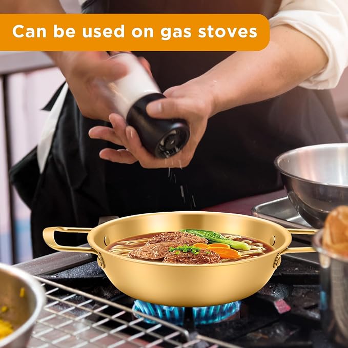 4-Piece Korean Ramen Pot for Stove, Stainless Steel Korean Noodle Pot with Handles, Golden Soup Pots & Cooking Pots for Home & Outdoor Use (Inner Diameter 7.7", 8.5", 9", 10")