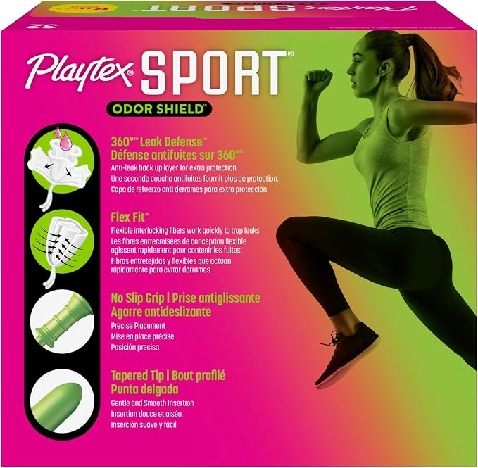 Playtex Sport Odor Shield Tampons Regular Absorbency, Unscented - 32ct | Regular Tampons for Women, Feminine Care, Playtex Tampon with 360 Leak Defense and Odor Control