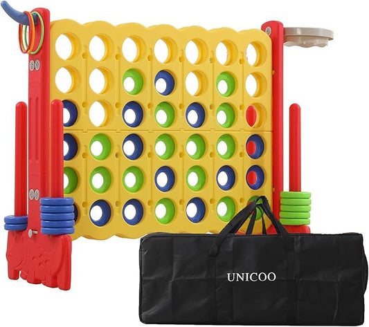 UNICOO Giant 4-in-A-Row with Carry Bag, Ring Toss, Basketball Hoop - Large Outdoor Game for Family Fun - Big Jumbo Game Set for Backyard Parties, BBQs, and Gatherings (Red + Yellow)