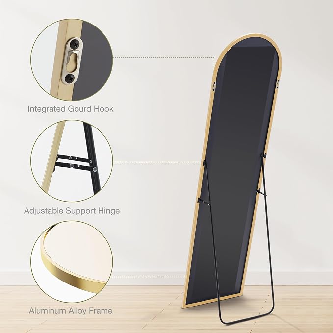 DUMOS 59"x16" Arched Full Length Mirror with Stand, Floor Standing Aluminum Frame, Shatter-Proof Nano Glass for Bedroom, Living Room, Cloakroom – Modern Simple Home DecorHanging or Leaning,Gold