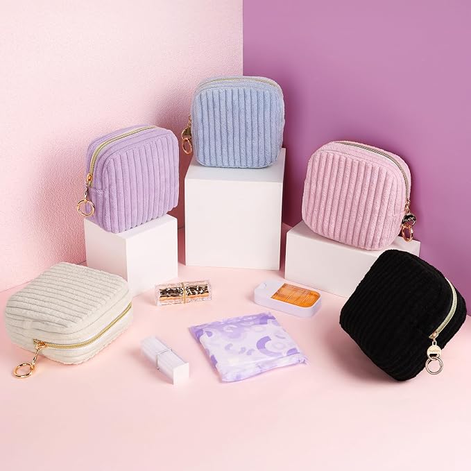 Period Bag for Teen Girls, Corduroy Sanitary Napkin Storage Bag, Fluffy Menstrual Pad PouchTampon Holder for Purse (Pink)
