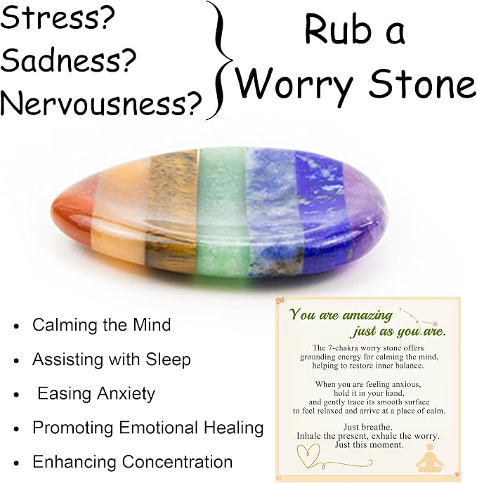 Thumb Worry Stone for Anxiety 7Chakra Teardorp Crystals Healing Stones Meditation Accessories Calm Mental Health Gifts Real Natural Hand Carved Spiritual Decor Anxiety Depression Relief Items