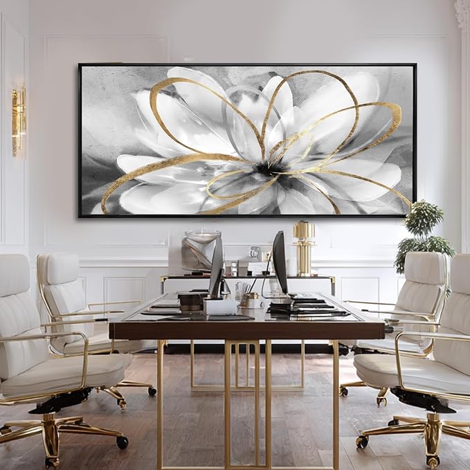 Grey Home Wall Decor Modern Canvas Prints White Flower Framed Wall Art 32"x70" Large Artwork for Living Room Pictures for Office