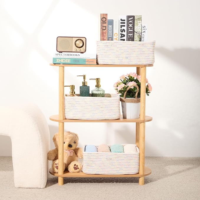 MiniArk Small Storage Baskets for Organizing | Closet Organizer Bins | Shelf Toy Basket | Woven Rope Baskets | Cube Decorative Box | Shallow Basket | 13x8.5x5.1” | 3 Packs Rainbow
