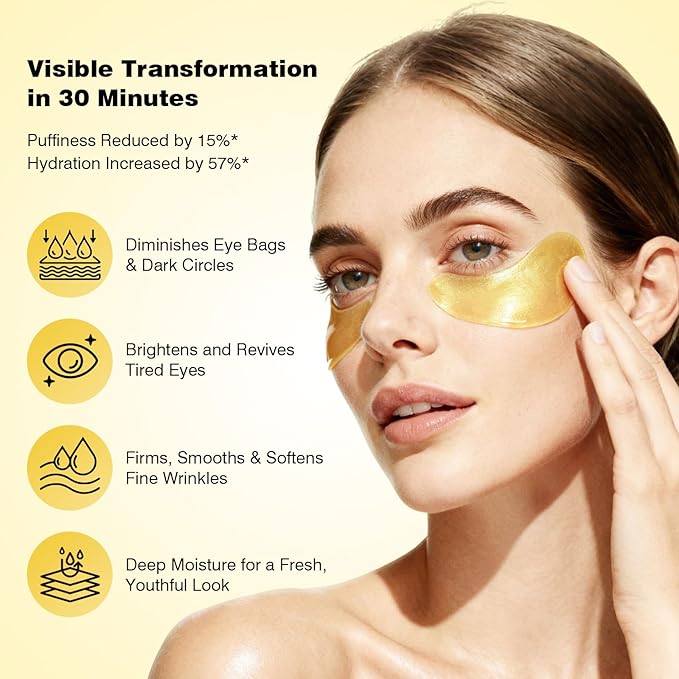 Juland Under Eye Patches 60PCS, 24K Gold Collagen Eye Mask for Puffy Eyes, Hydrating Eye Pads with Hyaluronic Acid, Vitamin C & Castor Oil, Anti-Aging Under Eye Treatment to Smooth Fine Lines, 1Pack