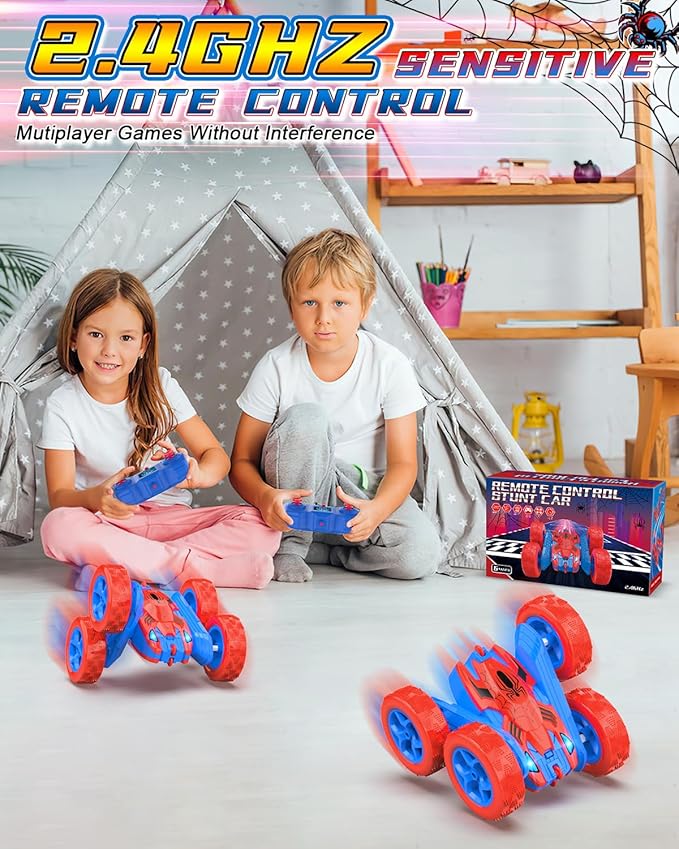 Spider Remote Control Car for Kids RC Stunt Cars for Boys 360°Rotating 4WD Electric Rechargeable Vehicle Toy Car for Boy Age 6-8 10-12 Spider Toys for 6 7 8 9 10 Year Old (Blue&Red)