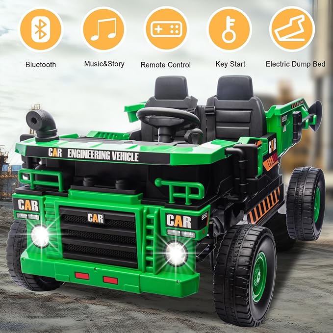 POSTACK XL 24 Volt Kids Ride on Toy, Ride on Construction Vehicle with 4 Powerful Motors Side by Side, 20" Spacious Two Seater Ride On Toddler Car with Electric Dump Bed, Green