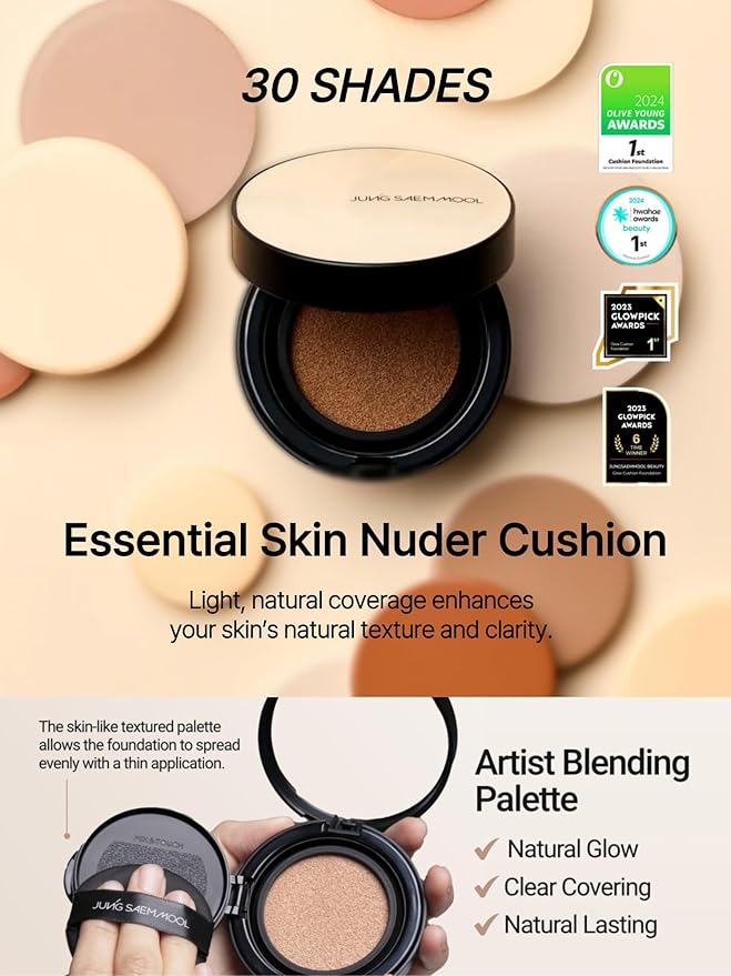 JUNG SAEM MOOL Essential Skin Nuder Cushion | Natural Finish, Buildable Coverage Cushion Foundation by Korean Makeup Artist (Refill Not Included, 0.49 Fl Oz), 21W Medium