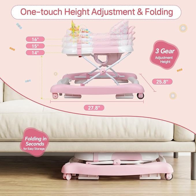 5 in 1 Baby Walker, Music and Lights Foldable Baby Walker with Wheels, 3 Adjustable Heights, with Bouncer Combo, Rocker, Activity Walker for Baby Boy and Girl 6-18 Months (Pink)