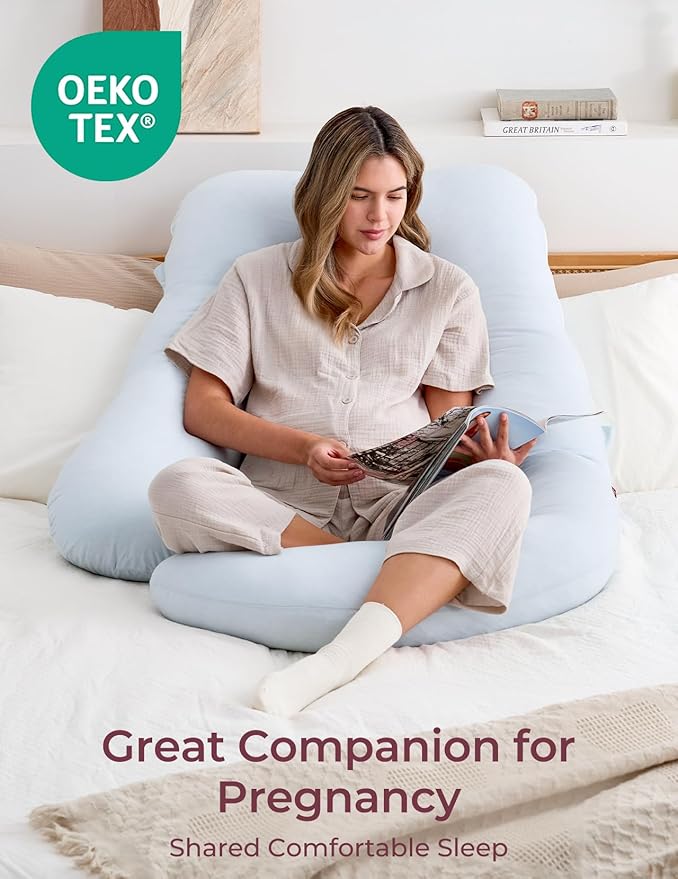 Momcozy Pregnancy Pillows for Sleeping, U Shaped Full Body Pillow for Pregnancy Women with Removable Jersey Cotton Cover, 57 Inch Maternity Pillow, Light Blue